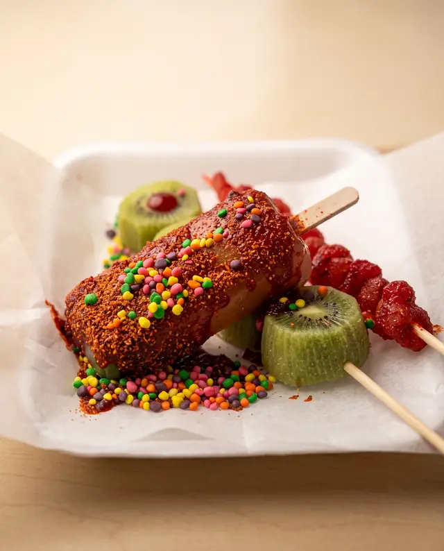 Una paleta cubierta de chamoy y chile con chispas de colores, junto a un alambre de kiwi y fresa