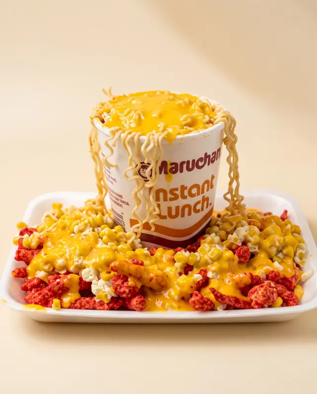 Un vaso de Maruchan Instant Lunch parado sobre una cama de esquites, queso y chips picantes