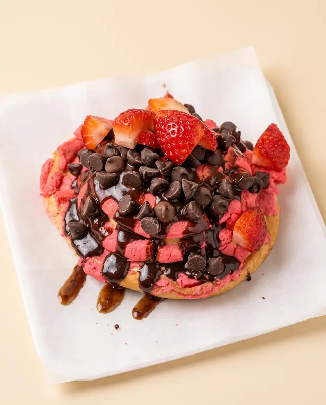 Una concha rosa cargada de chispas de chocolate, fresas frescas y chocolate derretido