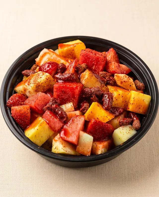 A Poloco fruit cup: watermelon, pineapple, mango and strawberry piled in a black bowl under chamoy and chili powder