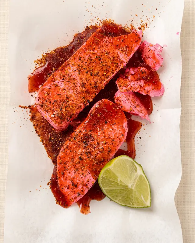 Slabs of fresh pink turrón dusted with chili and chamoy, with a lime wedge