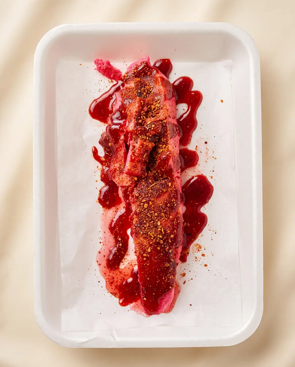Una rebanada de turrón rosa fresco con chamoy y chile sobre papel blanco
